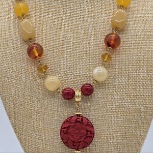 Joan RRivers Red Floral Pendant Necklace with Yellow and Cream Beads
